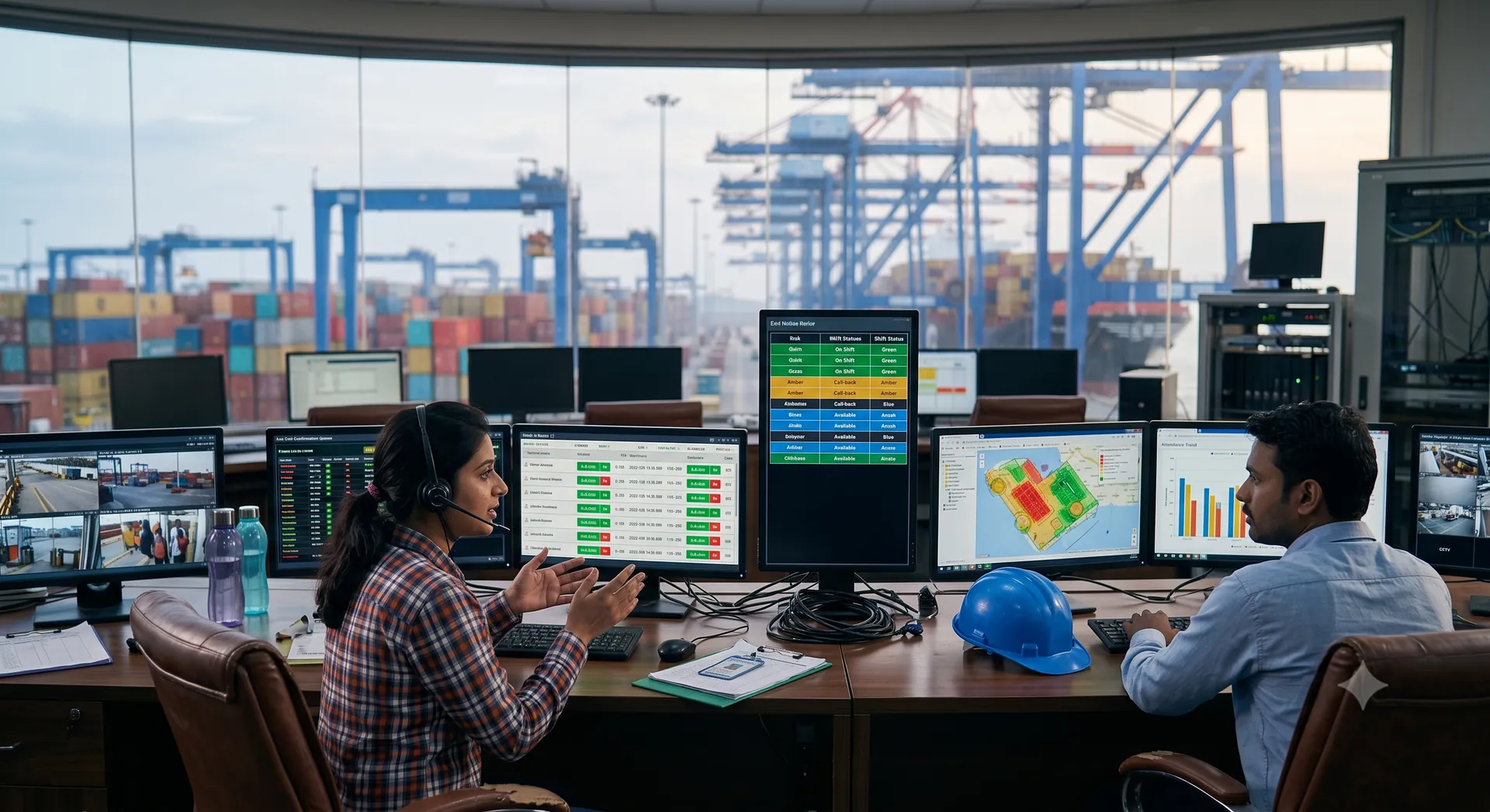 Terminal control room with a live call-confirmation queue and colour-coded shift-status board on screen