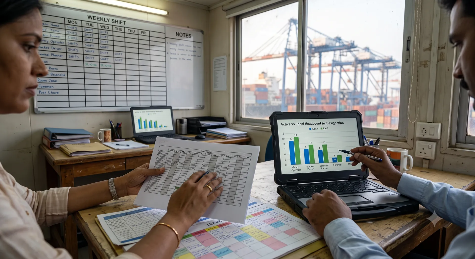 Two terminal planners comparing a printed shift roster against a whiteboard rotation grid and a headcount chart on a laptop